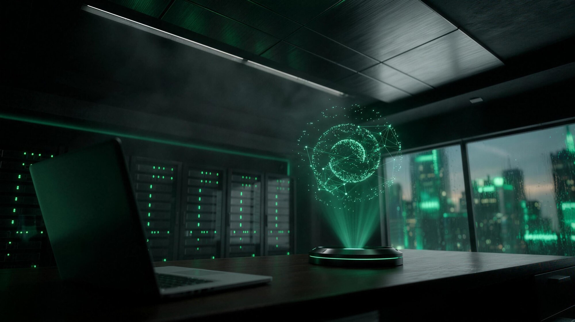 Abstract dark network visualization with emerald light trails, symbolizing the WAN core migration