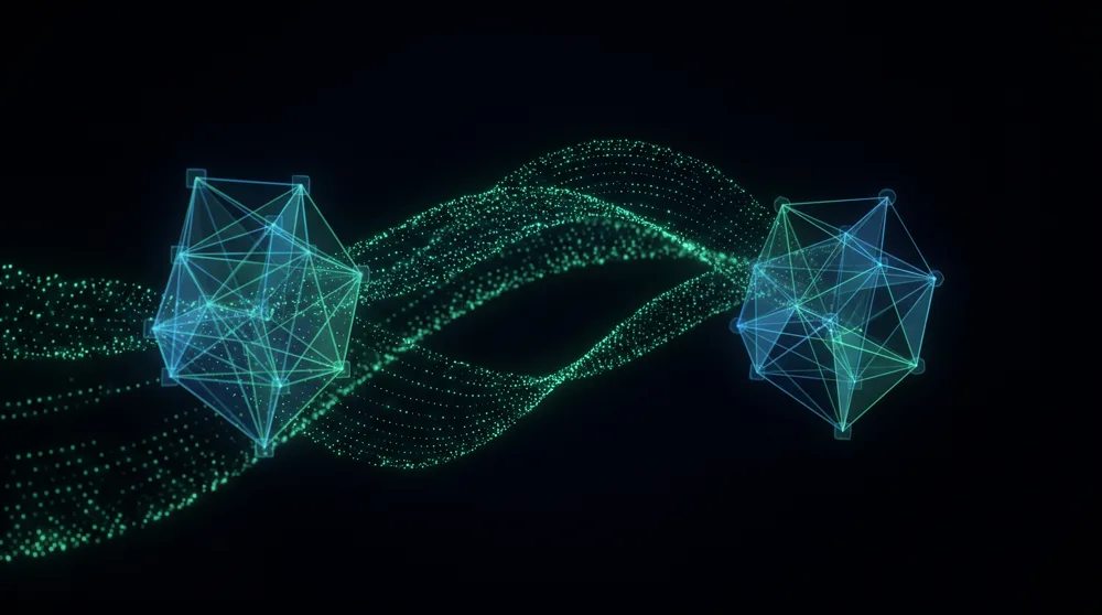 Abstract visualization of two network topologies connected by a calm stream of light, representing a careful infrastructure migration