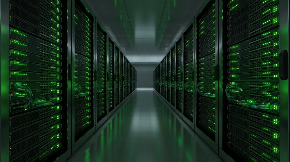 Rack-mounted network controller hardware with illuminated status lights in a datacenter aisle